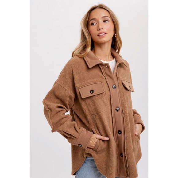 SOLD OUT Latte Button Front Fleece Jacket W/ Elbow Patches & Pockets Fall Winter - Picture 2 of 5